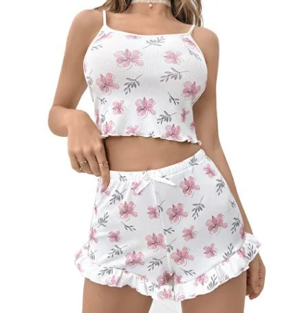 Summer New European American Style Spandex Suspender Shorts Set Sexy Small Flower Drawstring Closure Women's Home Pajamas - Zeprah