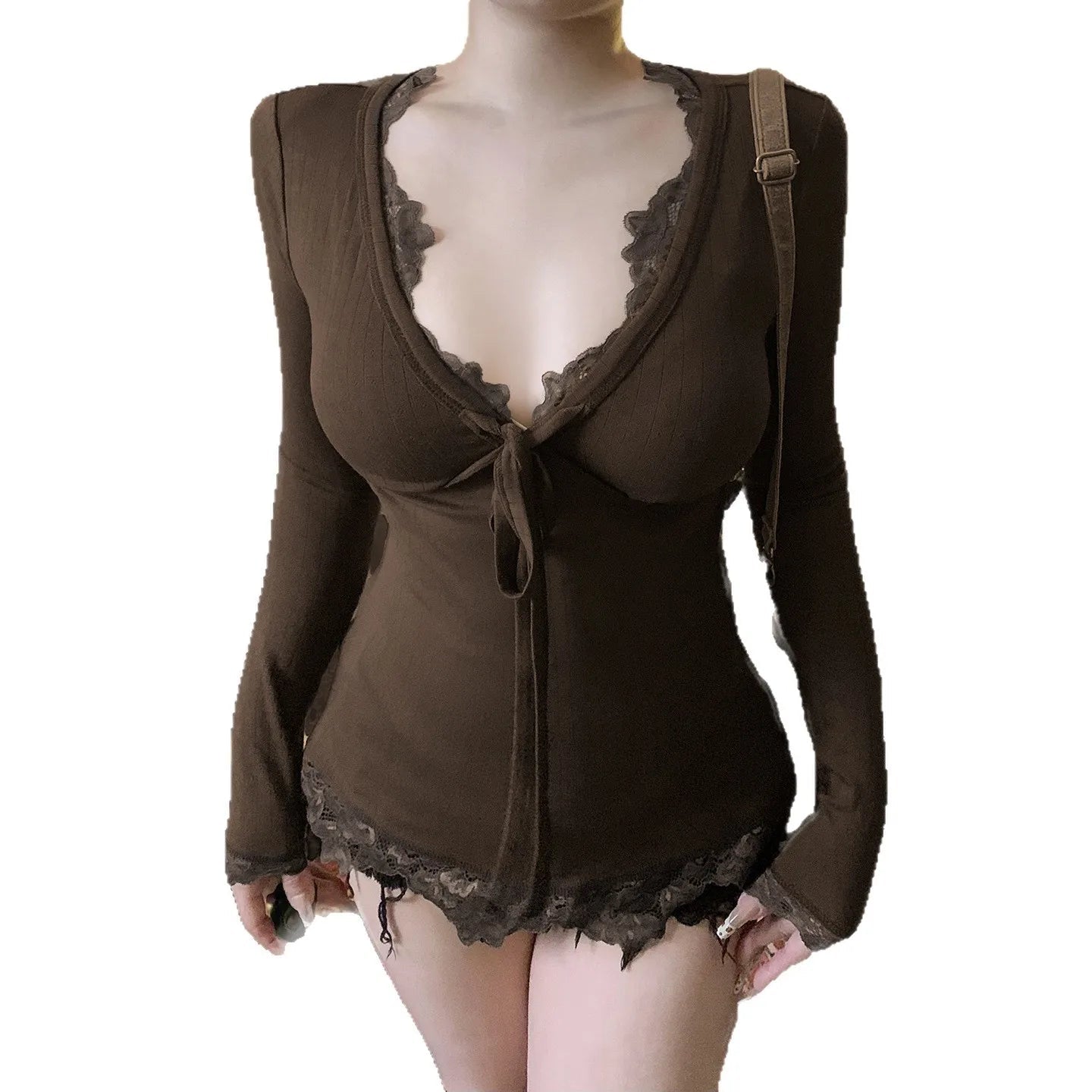 Summer New Product Sexy Lace Solid Color Long Sleeve T-shirt Slimming and Slimming Women's Top - Zeprah