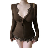 Summer New Product Sexy Lace Solid Color Long Sleeve T-shirt Slimming and Slimming Women's Top - Zeprah