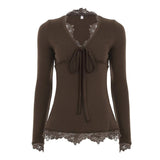 Summer New Product Sexy Lace Solid Color Long Sleeve T-shirt Slimming and Slimming Women's Top - Zeprah