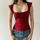 Summer New Women's Sweet Lace Trim Bow Tie Breathable Knitted Slim Fit Stretch U - Neck Ruffle Layering Short Sleeve T-Shirt - Zeprah