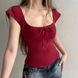 Summer New Women's Sweet Lace Trim Bow Tie Breathable Knitted Slim Fit Stretch U - Neck Ruffle Layering Short Sleeve T-Shirt - Zeprah