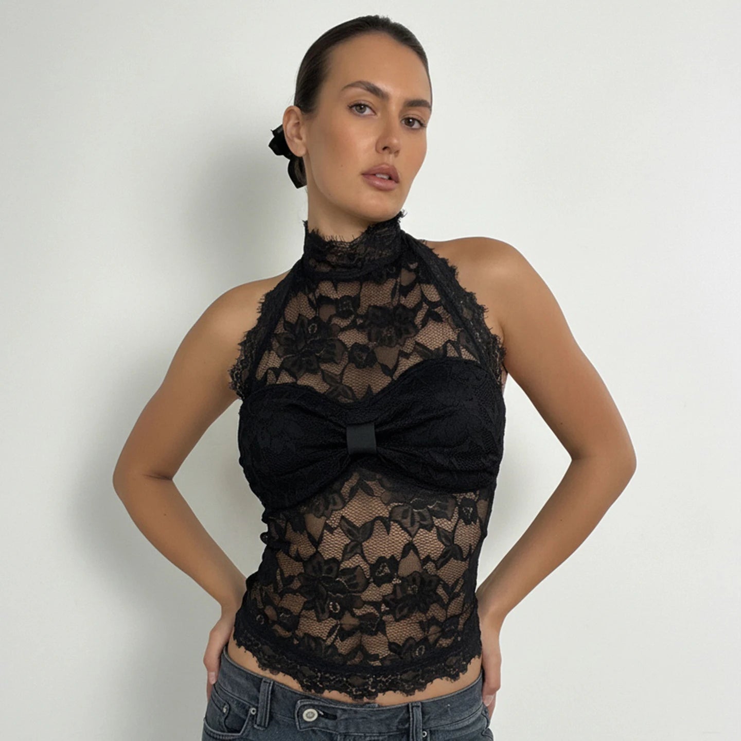 Summer Sexy Breathable Halter Neck Tank Tops Ruffled Collar Fitted with Solid Color Lace Trim - Zeprah