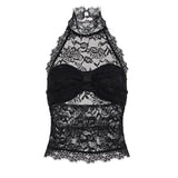 Summer Sexy Breathable Halter Neck Tank Tops Ruffled Collar Fitted with Solid Color Lace Trim - Zeprah