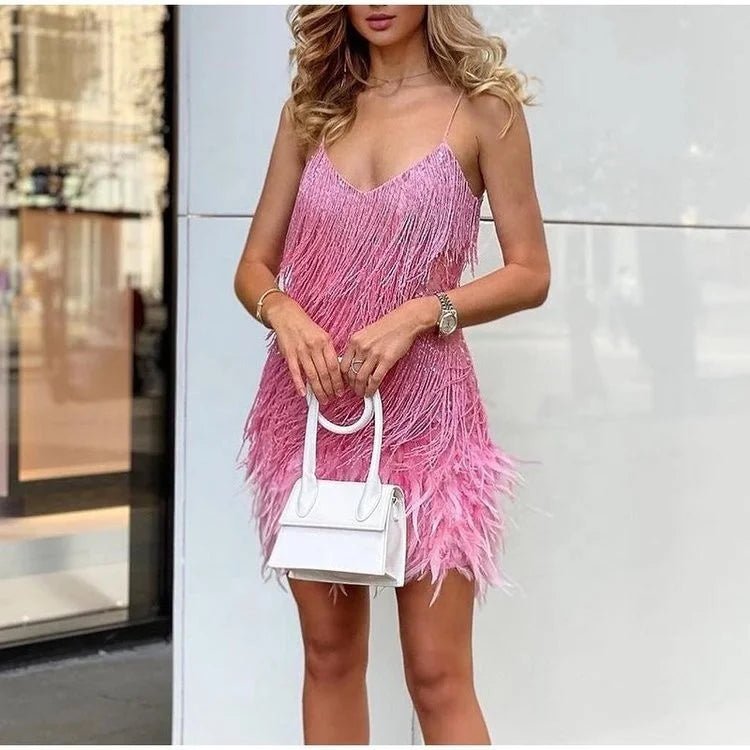 Summer Sexy V - Neck Strap Dress Tassel Sequins Feather Stitching Multicolor Birthday Parties Slim Dress for Women - Zeprah