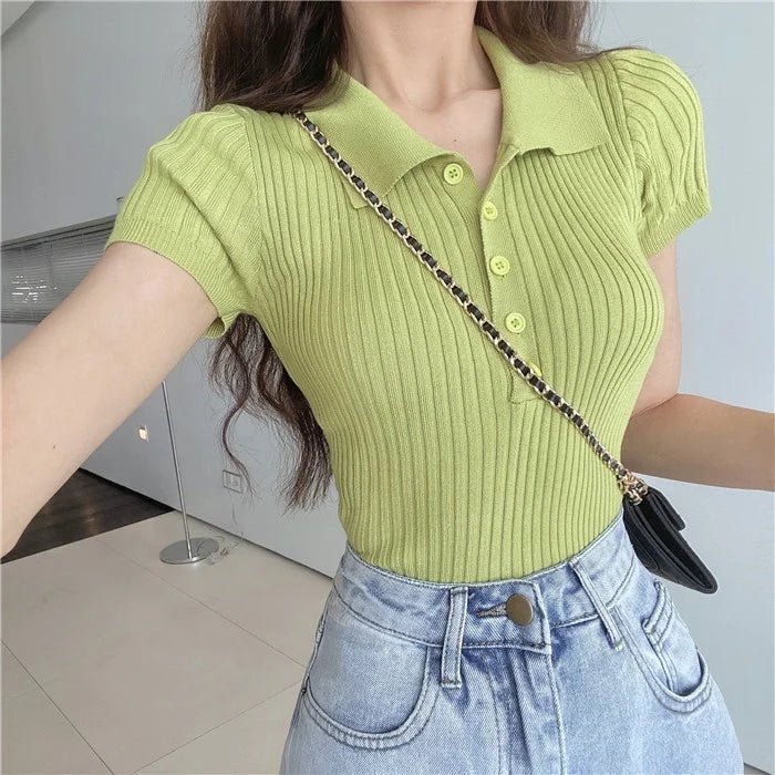 Summer Solid Slim - fit Short Top Korean Style Retro Small Lel Short - sleeved Knitted T-shirt for Women - Zeprah