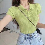 Summer Solid Slim - fit Short Top Korean Style Retro Small Lel Short - sleeved Knitted T-shirt for Women - Zeprah