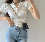 Summer Solid Slim - fit Short Top Korean Style Retro Small Lel Short - sleeved Knitted T-shirt for Women - Zeprah