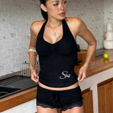 Summer Two - Piece Yoga Set Knit Halter Top with Rhinestone Lace Above Knee Shorts Sportswear Matching Outfit - Zeprah