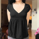 Summer Women Knitted Short Sleeve Ruched Lace Trim V Neck Button Front Loose Fit a Line Casual Blouse T-Shirt - Zeprah