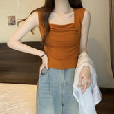 Summer Women Tank Top Square - cut Collar Ruched Halter Top Solid Tank Top - Zeprah