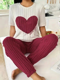 Sweet Heart Women's Satin Pajama Set Autumn New Elegant Neck Short Sleeve Long Pants Comfortable Two - Piece Home Trendy Outfit - Zeprah