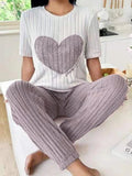 Sweet Heart Women's Satin Pajama Set Autumn New Elegant Neck Short Sleeve Long Pants Comfortable Two - Piece Home Trendy Outfit - Zeprah