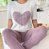 Sweet Heart Women's Satin Pajama Set Autumn New Elegant Neck Short Sleeve Long Pants Comfortable Two - Piece Home Trendy Outfit - Zeprah