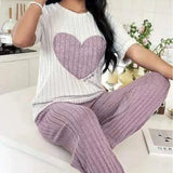 Sweet Heart Women's Satin Pajama Set Autumn New Elegant Neck Short Sleeve Long Pants Comfortable Two - Piece Home Trendy Outfit - Zeprah