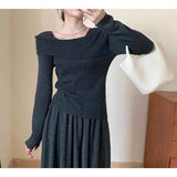 Sweet Off - shoulder square Collar Long - sleeved Women's Top Autumn New Slim - fit with Base - Zeprah