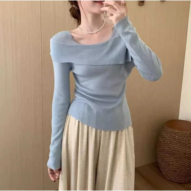 Sweet Off - shoulder square Collar Long - sleeved Women's Top Autumn New Slim - fit with Base - Zeprah