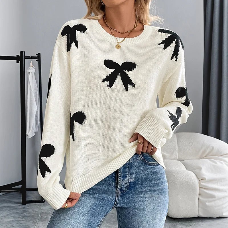 Sweet Round - neck Bow Jacquard Acrylic Fiber Full Sleeve Autumn Winter Sweater Women - Zeprah