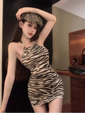 Sweet Spice Girl Vintage Leopard - print Tight Hip Dress Pleated Backless Strap Women's Dress - Zeprah