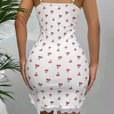 , Thin Breathable V - Neck Full Slip with Removable Breast Pad , Medium Control Nylon/Spandex - European American Style Sexy Cherry Contrast Lace Lingerie - Zeprah