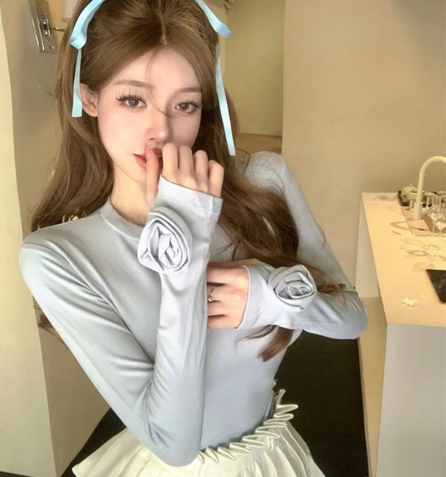 Three - dimensional Flower Crewneck Long - sleeved Shoulder T-shirt Women's 2025 Autumn Slim - fit Slimming Sweet Design Unique Top - Zeprah