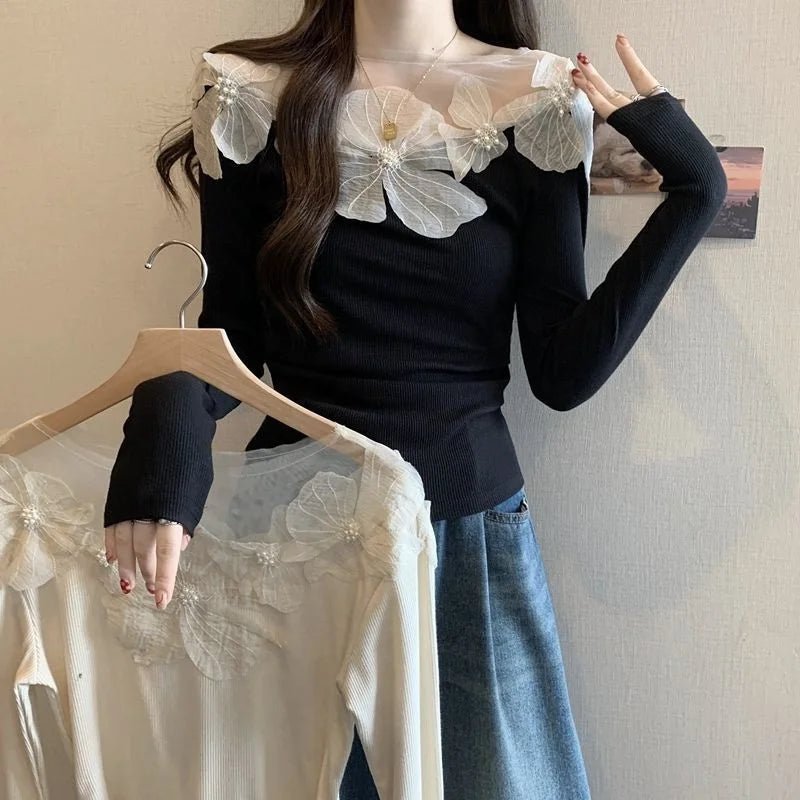 Three - dimensional Flower Long Sleeve T-shirt Women's Slim Fit Small Shirt Atmosphere Long Sleeve Top - Zeprah