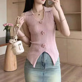 Three - dimensional Flower Women Tank Top Lapel Basic tank Top Knitted Going Out Tops - Zeprah