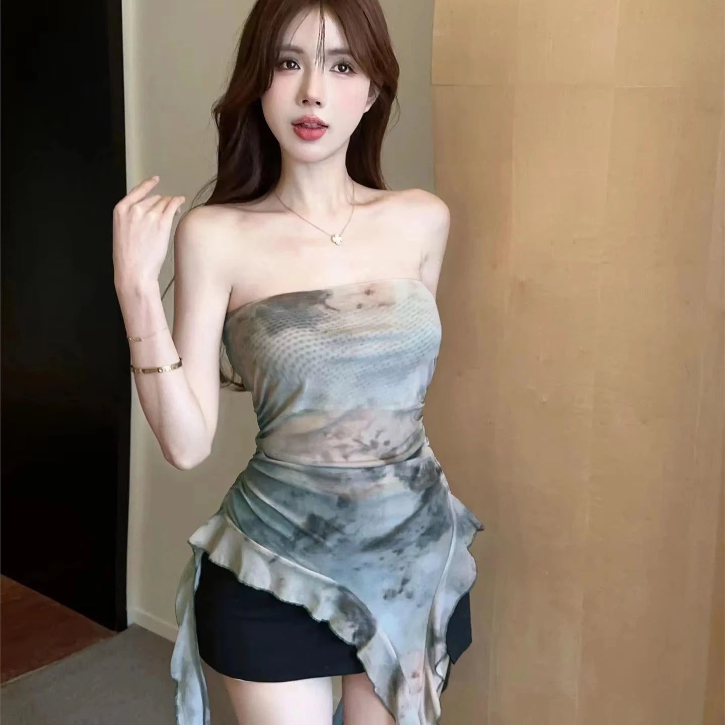 Tie - Dye Mesh Women's Camisole Outfit Summer Sweet Spice Girl's Strapless Irregular Top - Zeprah