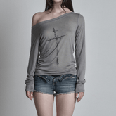 Top with Graphic Print – Off - Shoulder Long Sleeve Style - Zeprah