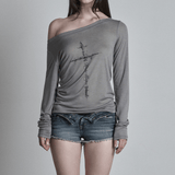 Top with Graphic Print – Off - Shoulder Long Sleeve Style - Zeprah