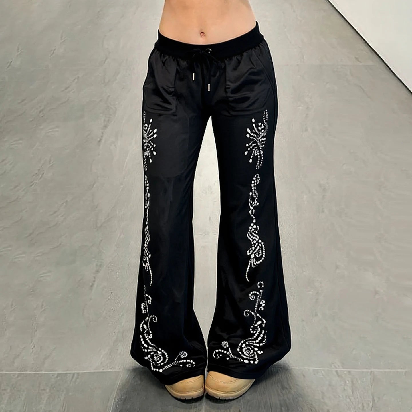 Trending Velvet Rhinestone Pants Flat Low - Rise Flare Joggers for Women | Eco - Friendly Retro Luxe Two - Way Lounge Street - Zeprah