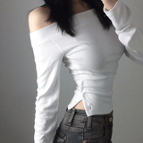 Trendy Asymmetrical Shoulder Top , Women's Long Sleeve Slash Neck Shirt with Side Slit & Button ,Sexy Club Knit for Fall/Evening Wear - Zeprah