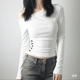 Trendy Asymmetrical Shoulder Top , Women's Long Sleeve Slash Neck Shirt with Side Slit & Button ,Sexy Club Knit for Fall/Evening Wear - Zeprah