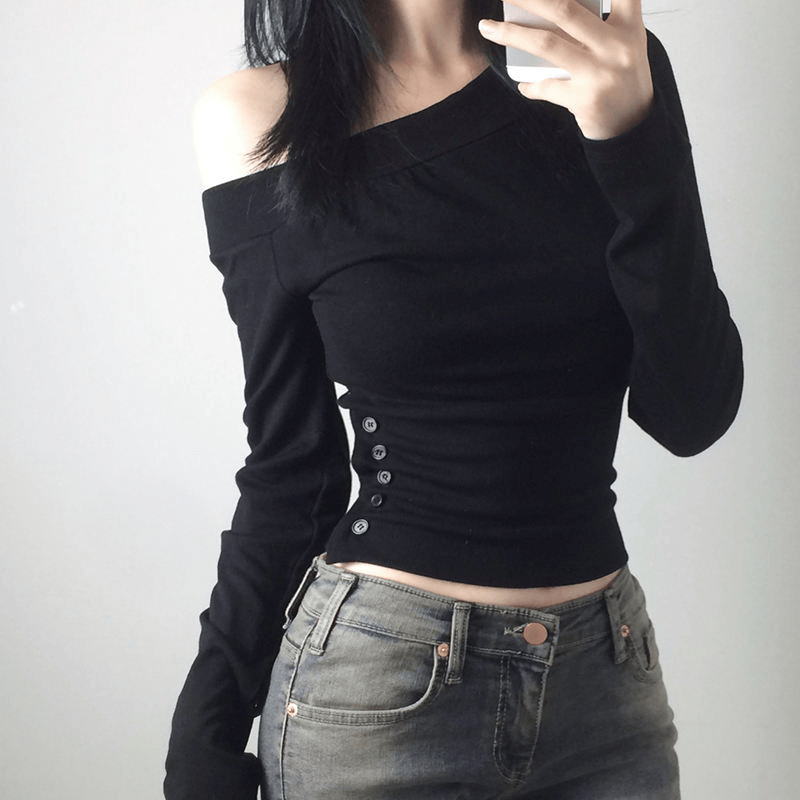 Trendy Asymmetrical Shoulder Top , Women's Long Sleeve Slash Neck Shirt with Side Slit & Button ,Sexy Club Knit for Fall/Evening Wear - Zeprah