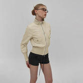 Trendy Autumn Khaki Short Shirt Jacket for Women Lapel Collar Zip - Up Casual Top Pockets Chic Full Sleeve Shacket Commuter Wear - Zeprah