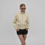 Trendy Autumn Khaki Short Shirt Jacket for Women Lapel Collar Zip - Up Casual Top Pockets Chic Full Sleeve Shacket Commuter Wear - Zeprah