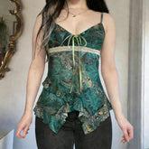 Trendy Breathable Knitted Camisole Color Block Floral Print with Front Bow Tie & Sheer Mesh High Waist - Zeprah