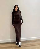 Trendy Hot Girl Crew Neck Dress Long Sleeve Slim Fit Bodycon Maxi Figure - Flattering Essential Slimming Long Dress for Women - Zeprah