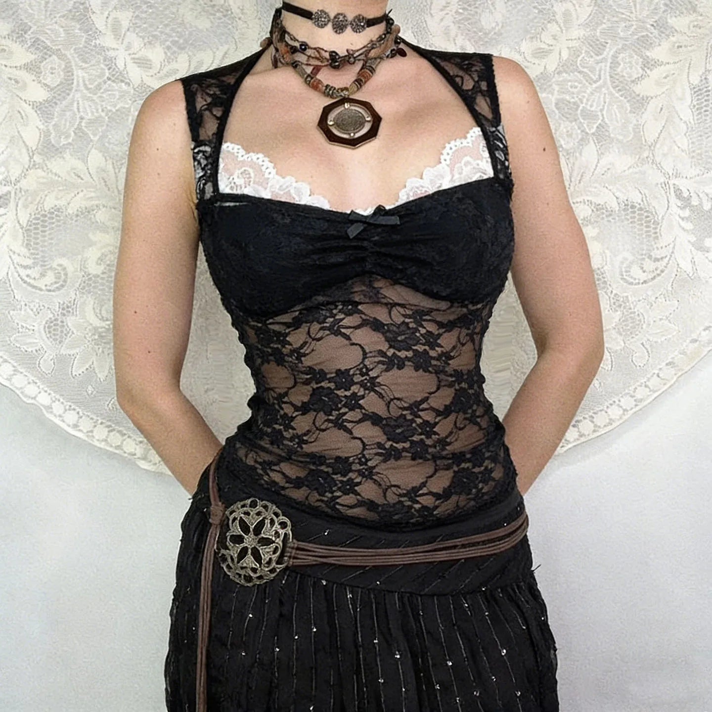 Two Piece Look Breathable Floral Lace Camisole V - neck Sexy Sheer Stretchy Sleeveless Top for Women Summer - Zeprah