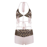Two Piece Set Leopard Print Sexy Backless Halter Top Low Rise Shorts Beach Bikini Skinny Knitting Button - Zeprah