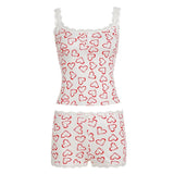 Two Piece Set Womens Casual Basic Knit Loungewear Above Knee Short Camisole Slim Shorts Heart Lace Trim Eco - Friendly Breathable - Zeprah