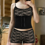 Two - Piece Set Women's Casual Solid Cami Top with Chest Bow Tie and Skinny Shorts Above Knee Summer - Zeprah