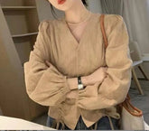 V - neck Henley shirt French - style best - selling lady's shirt New design leisure shirt - Zeprah
