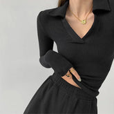 V - neck Long - sleeved Top Classic Long Sleeve Base Shirt Slim - fit Long - sleeved T-shirts - Zeprah