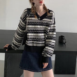 V - neck Loose Outerwear Coat Slouchy Pullover Vintage Ladies' Knitted Sweaters Top - Zeprah