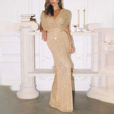V - Neck Sequin Floor - Length Evening Dress - Zeprah
