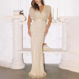 V - Neck Sequin Floor - Length Evening Dress - Zeprah
