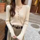 V - neck Sweater Base Classic Solid Crop Top Slim - fit Long Sleeve T-shirt - Zeprah
