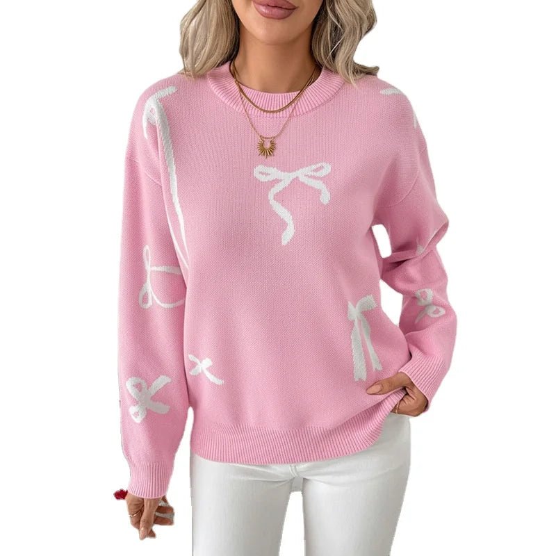 Valentine's Day Date Sweet Style Bow Jacquard Knitted Acrylic Autumn and Winter Sweater - Zeprah