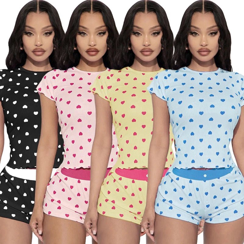 Valentine's Day Women's Pajama Set - 2 - Piece Knitting Sleepwear Short Sleeve Crop Top Comfort Shorts Breathable Skinny Fit - Zeprah